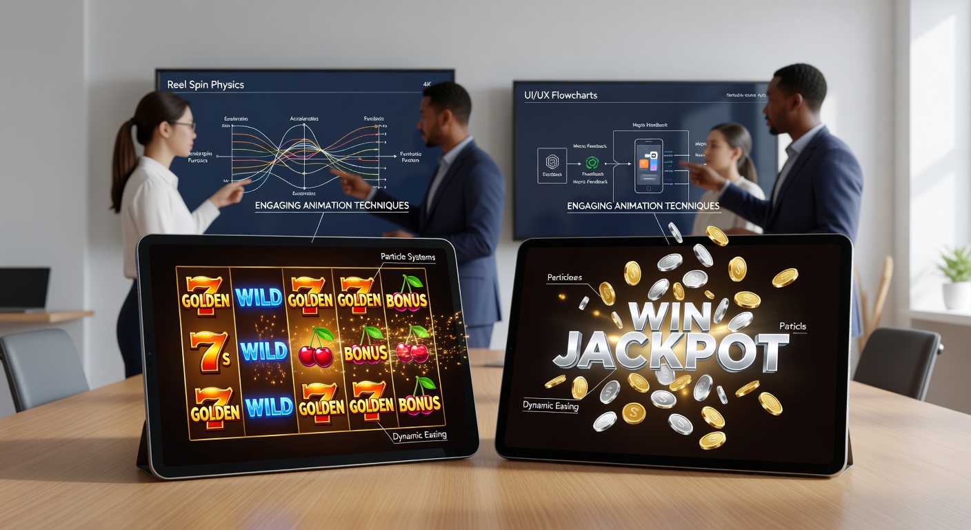 Detailansicht von Reel-Spin-Animation mit synchronisierten Partikeleffekten und Touch-Feedback auf Tablet
