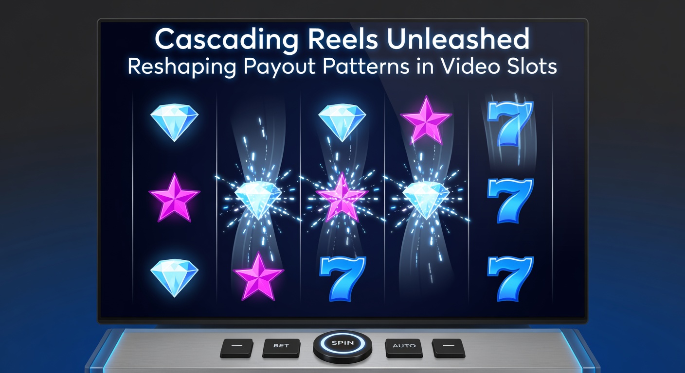 Nahaufnahme eines Video-Slots mit laufender Cascading-Reels-Sequenz, Multiplikatoren steigen sichtbar an während Symbole kaskadieren