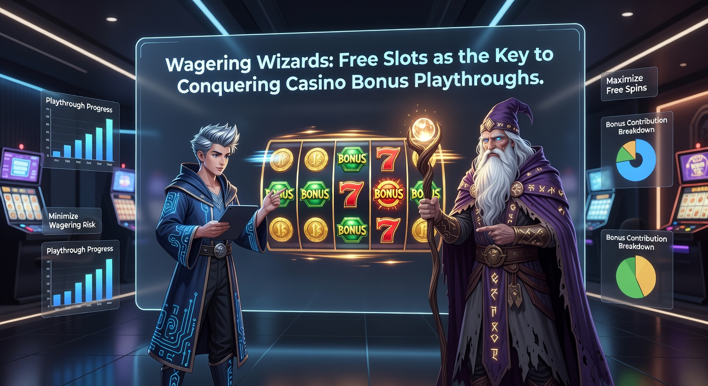 Detaillierte Darstellung eines Spielers vor einem Computerbildschirm mit Free-Slot-Schnittstelle, Bonus-Balken füllt sich auf und magische Wizard-Figuren symbolisieren Strategieerfolge
